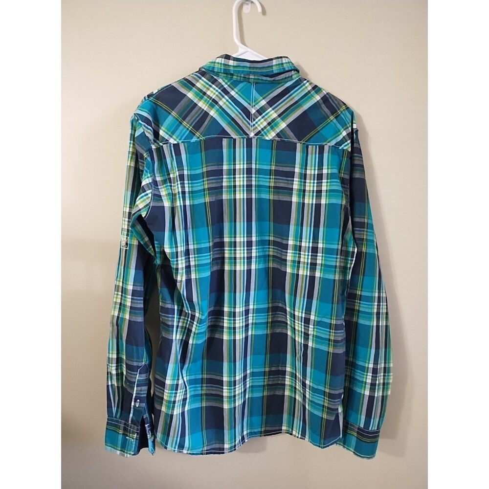 Carbon Mens Button Up Plaid Shirt Classic Fit Green Blue Size Large Long Sleeve - Picture 4 of 5